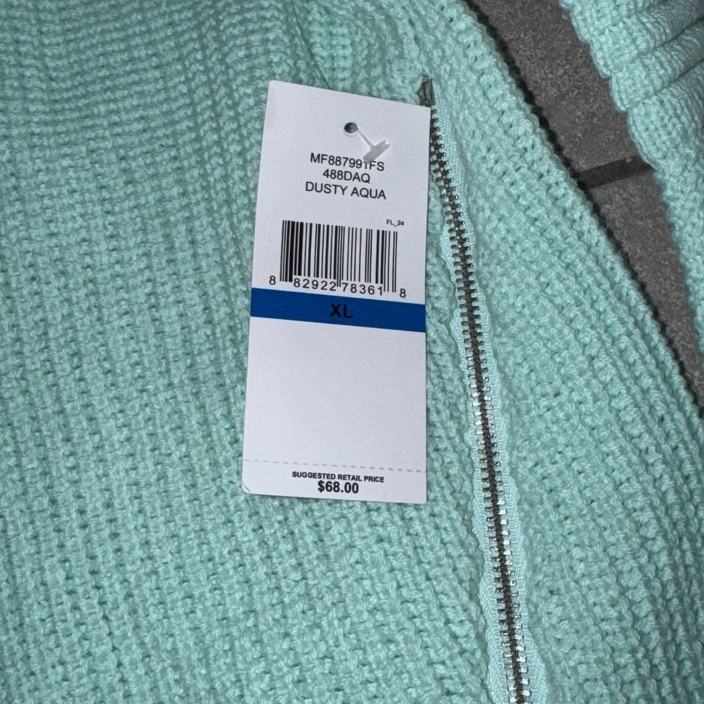 Fever Sweater Dusty Aqua Mock Neck Balloon Sleeve Chunky Knit Zipper‎ Sz XL NWT